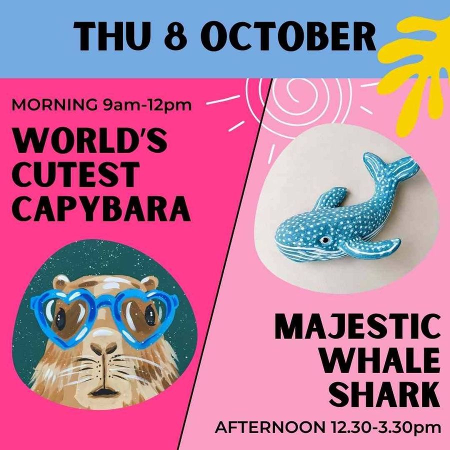 Holiday workshop poster: world's cutest capybara and majestic whale shark