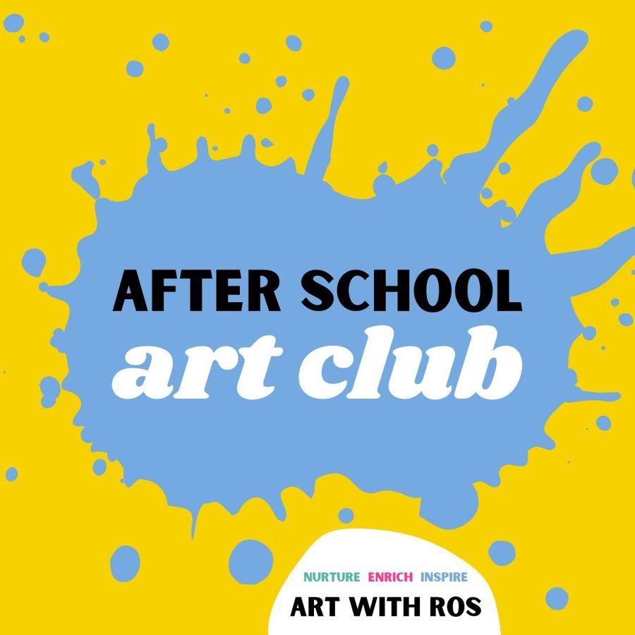 After School Art Club poster: art club in white lettering on a bright blue paint splash